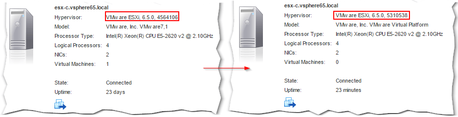 Figure 21 - Comparing ESXi version details pre and post remediation