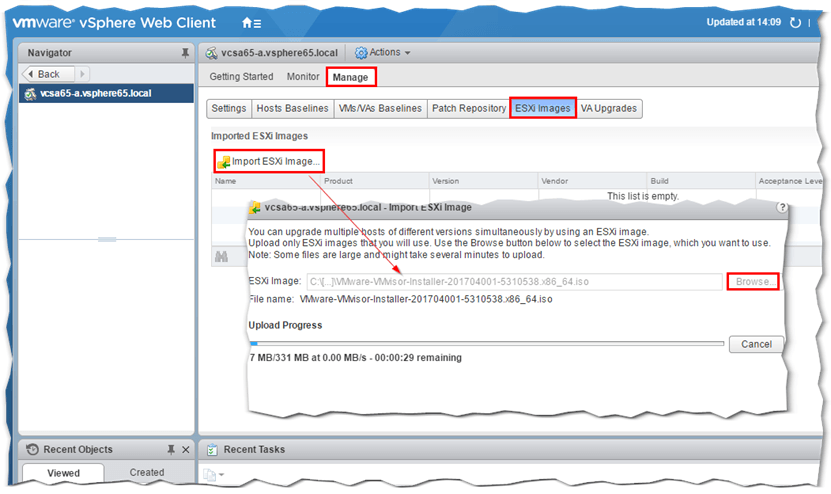 Figure 3 - Importing an ESXi ISO image to VUM