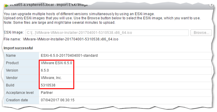 Figure 4 - Product and version details for the ESXi image just imported