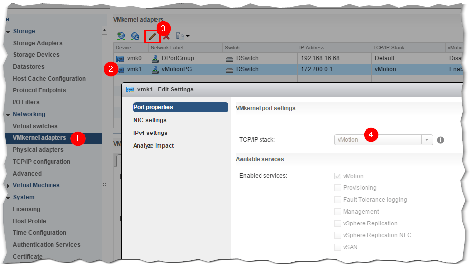 Figure 3 - Changing the TCP/IP stack to vMotion for optimized performance