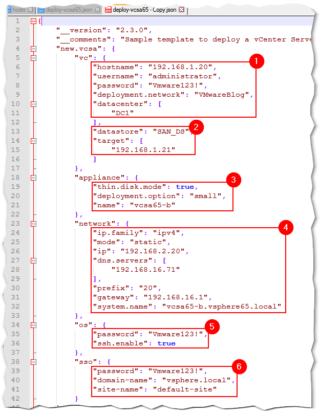 Figure 2 - Editing a vCSA installation JSON configuration file