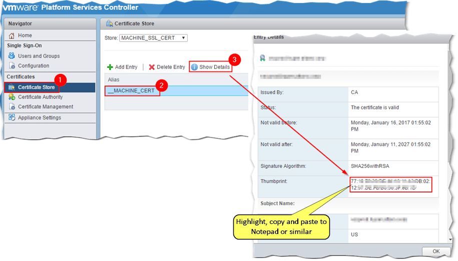 Figure 3 - Retrieving the parent vCSA's SSL certificate thumbprint