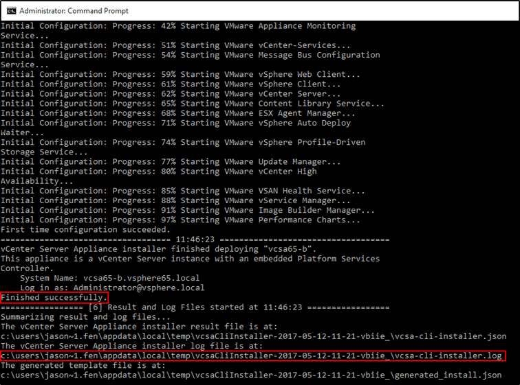 Figure 6 - A vCSA command line unattended install completes successfully