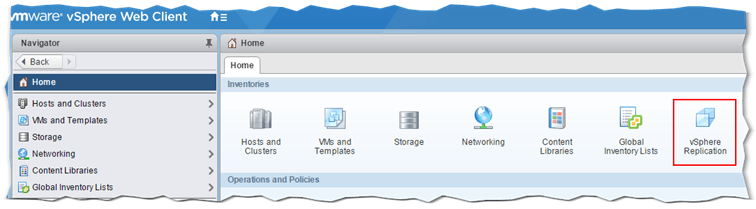 A vSphere Replication icon is added to the Home screen in vCenter Server
