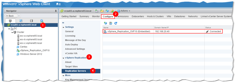 An established connection between two vSphere Replication appliances