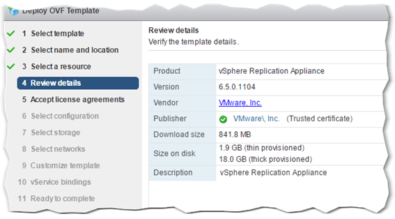 vSphere replication OVF template details