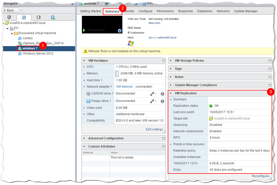 vSphere navigator VM replication