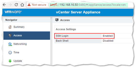 Enabling SSH on vCSA from VAMI