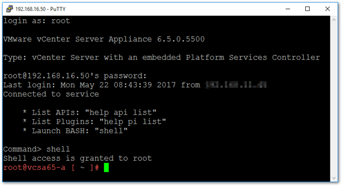 Establishing an SSH connection to vCSA and logging in as root