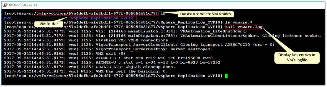 Displaying the contents of a VM's log file on ESXi