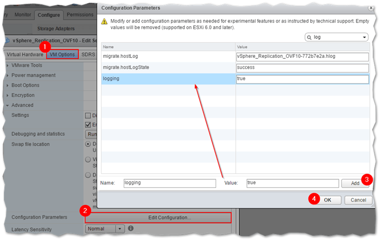 Modifying the log file options for a VM