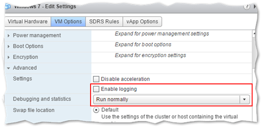 Enabling logging for a VM in vSphere Web client