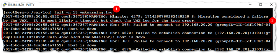 Tailing and inspecting the content of a VMware ESXi log file