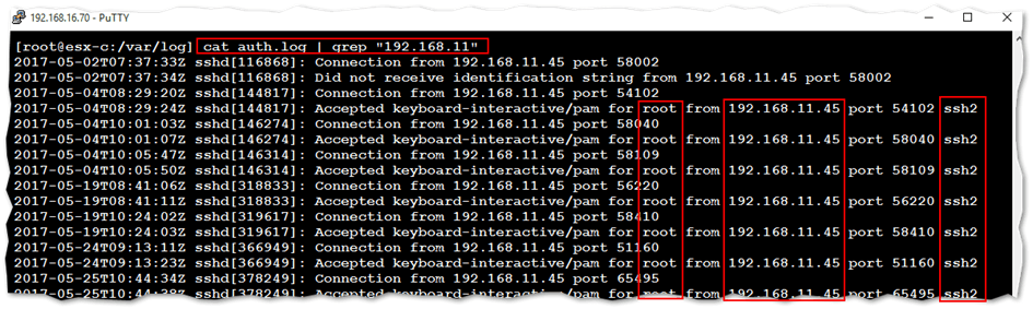 Using the auth.log file on ESXi to determine who accessed the host