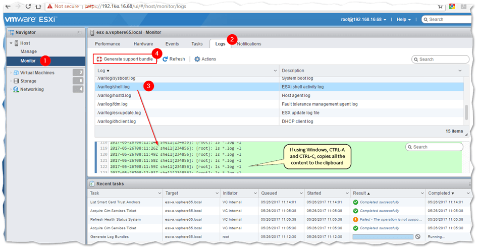 Viewing ESXi log files using the ESXi host client