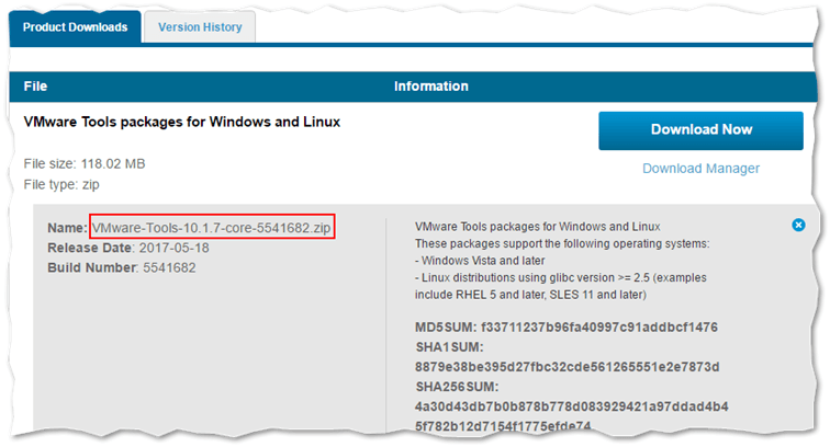 Downloading the VMware Tools package from my.vmware.com