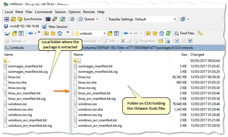 Using WinSCP to transfer the VMware Tools files to ESXi