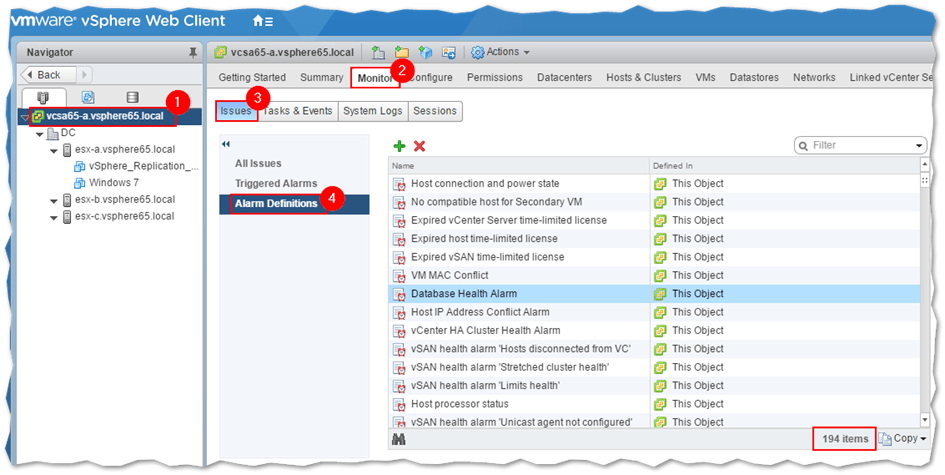 Listing alarm definitions in vSphere Web client