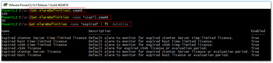 Using PowerCLI cmdlets to retrieve alarm definitions related info