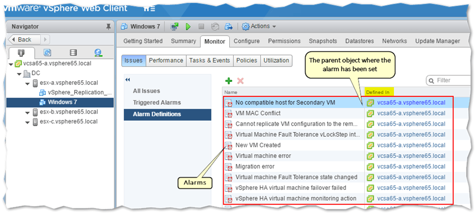 Viewing the alarms set for a specific VM