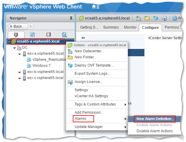 Creating a new vSphere alarm definition