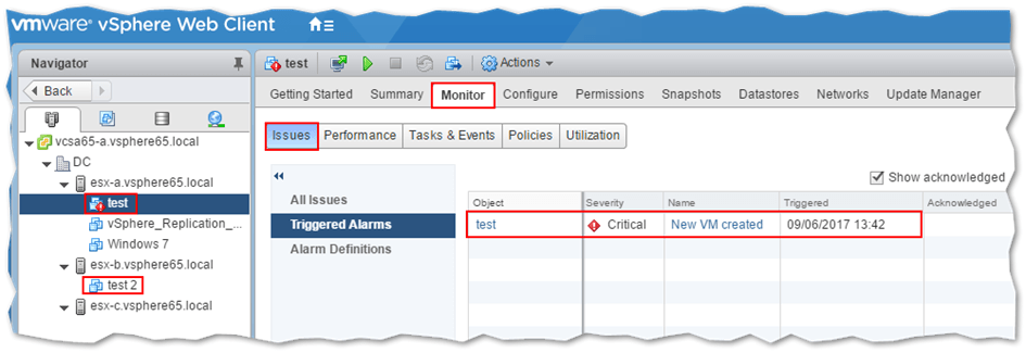 An icon is displayed next to the VM name once an alarm is triggered. The triggering alarm definition can be determined from the Triggered Alarms page for the selected VM.