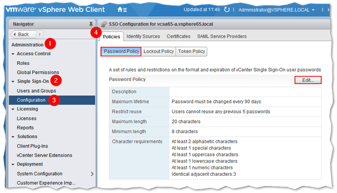 Figure 1 - Accessing vCenter's password policy in vSphere Web client