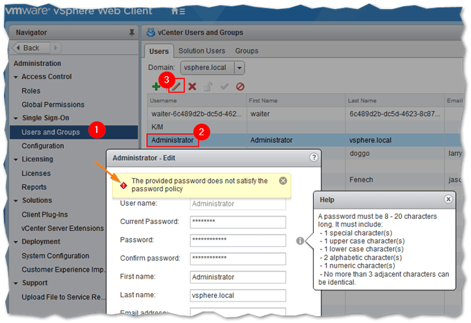 Figure 2 - Changing a user's password and testing password complexity rules