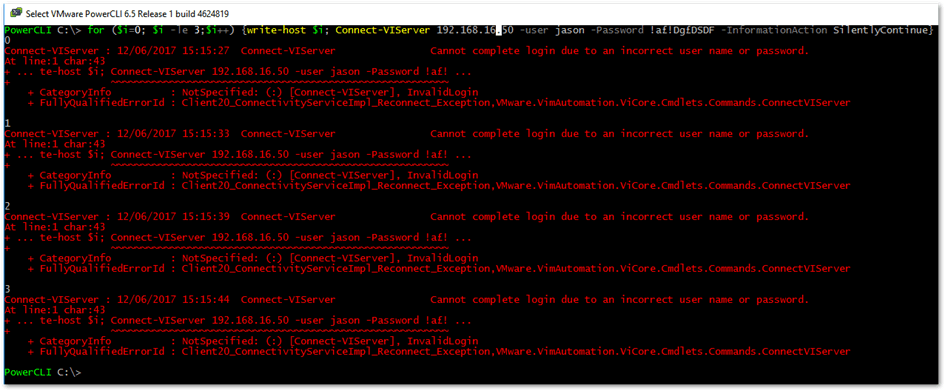 Figure 4 - Simple PowerCLI one-liner to simulate consecutive failed login attempts