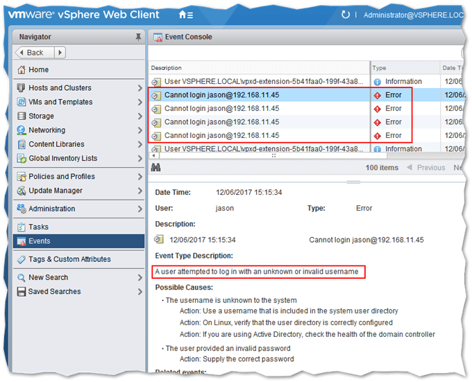 Figure 6 - Monitoring login attempts events from vSphere Web client