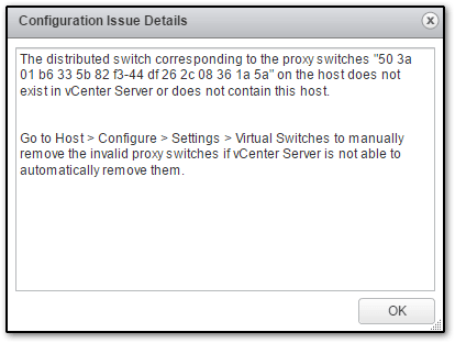 Error message returned when a host is added to a VC that's missing the original vDS the host was connected to