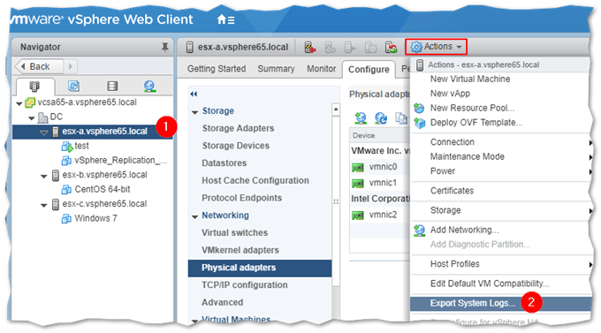 Exporting an ESXi log bundle using the vSphere Web client