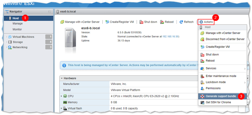 Using the ESXi embedded host client to generate a log bundle