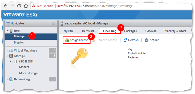 Figure 1 - Using the ESXi host client to apply a license key