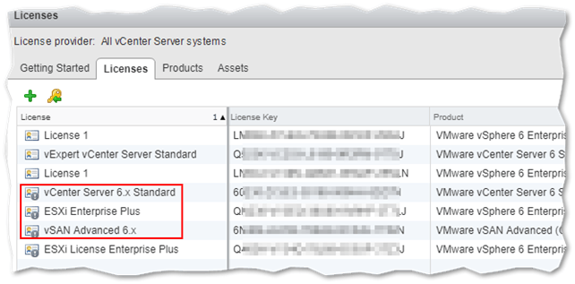 Figure 10 - A listing of all the available license keys on vCenter Server