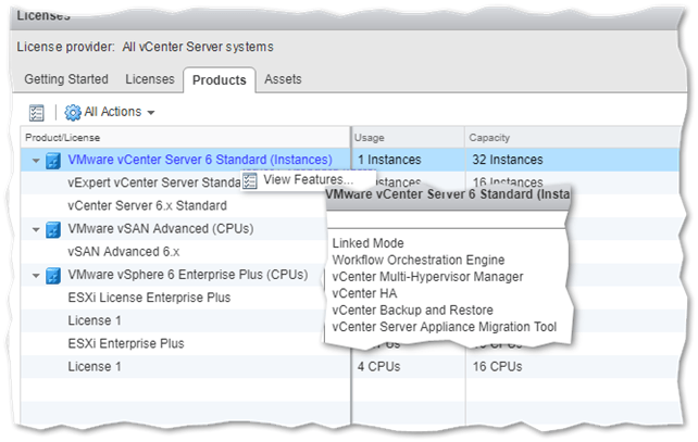 Figure 11 - A view of currently licensed VMware products and related features