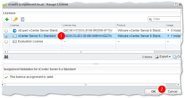 Figure 14 - Choosing a license key to assign to vCenter Server