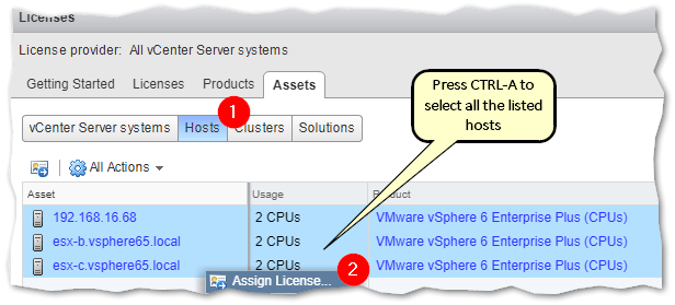 Figure 15 - Assigning a licence to vCenter managed ESXi hosts
