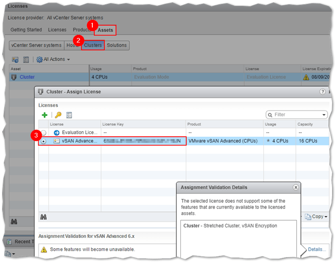 Figure 16 - Assigning a license to vSAN from the Licenses page