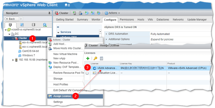 Figure 17 - Assigning a vSAN license using the cluster context-menu option