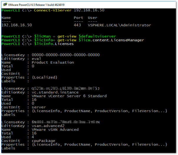 Figure 18 - Listing applied licences on vCenter using PowerCLI