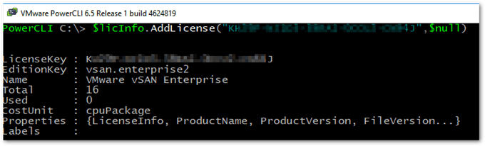 Figure 19 - Adding a license key to vCenter Server using PowerCLI