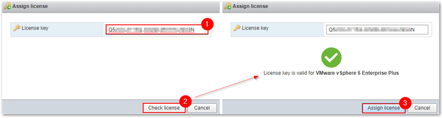 Figure 2 - Verifying and applying a license key on ESXi