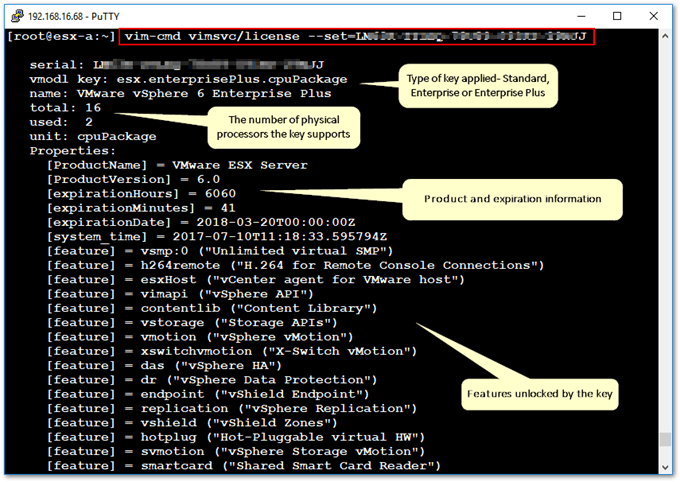 Figure 4 - Licensing an ESXi host using the vim-cmd vimsvc/license command