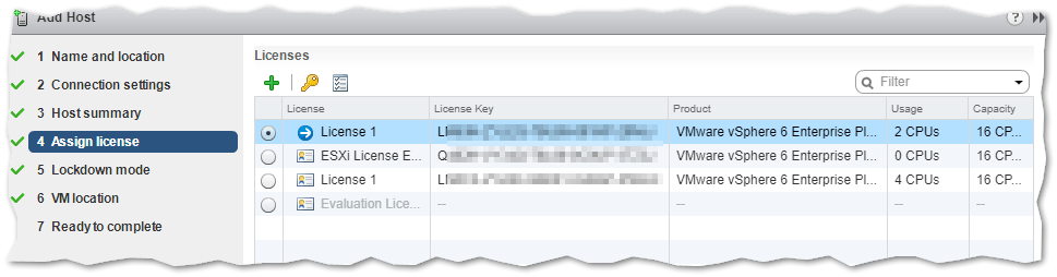 Figure 5 - Selecting an existing license key when adding an ESXi host to vCenter