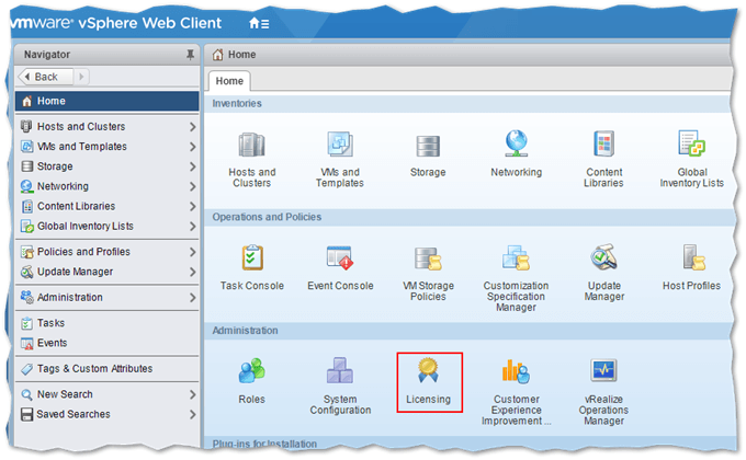 Figure 6 - Accessing the licensing module in vCenter