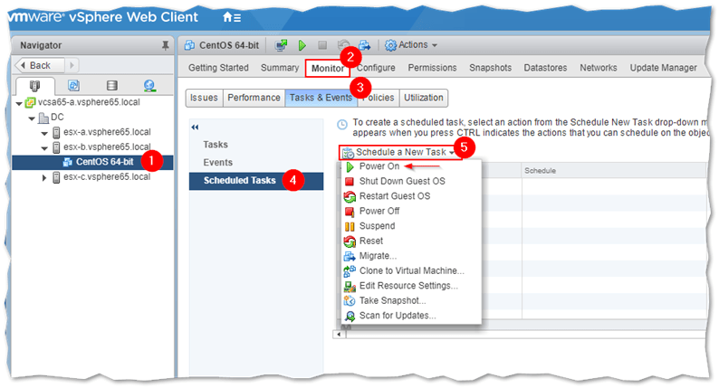 Creating a scheduled task to power on a VM on vCenter Server 