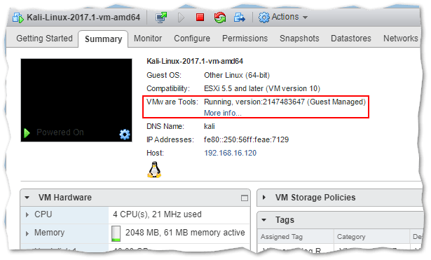 VMware Tools details in vSphere Web Client (Open-vm-tools running on Kali Linux)