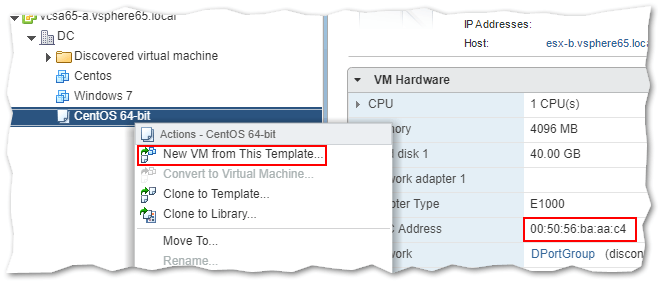 Figure 1 - Cloning a Linux VM from template. Note the highlighted MAC address bottom right