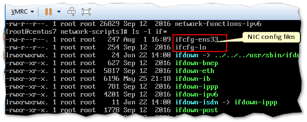 Figure 2 - Listing the contents of <em>/etc/sysconfig/network-scripts</em> on a Centos VM